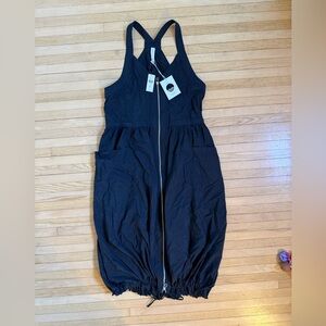 Free People Black Midi Nylon Dress with Drawstring Hem